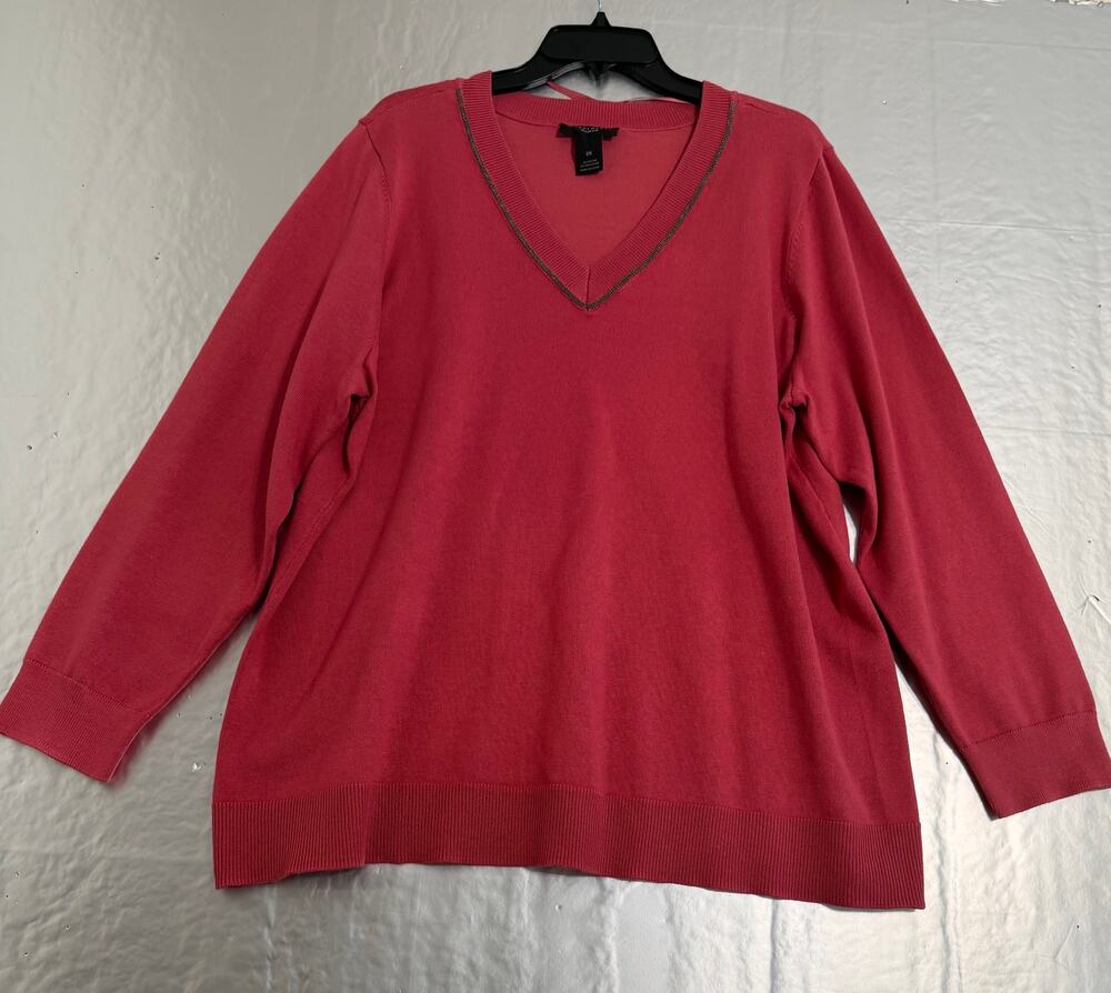 Investments Woman 2X Raspberry Pink Metallic Trim V-Neck Sweater
